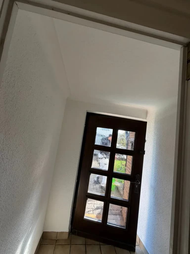 Dunkel lackierte Holz-Haustür mit Sprossenfenstern in einem Hauseingang mit frisch gestrichenen Wänden, Arbeit des Betriebs Siebert.