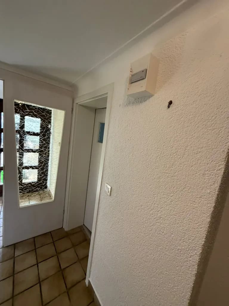 Weiß lackierte Innentür mit Zarge und Glaseinsatz im Hausflur eines Wohnhauses, Lackierarbeit und Anstrich vom Betrieb Siebert.